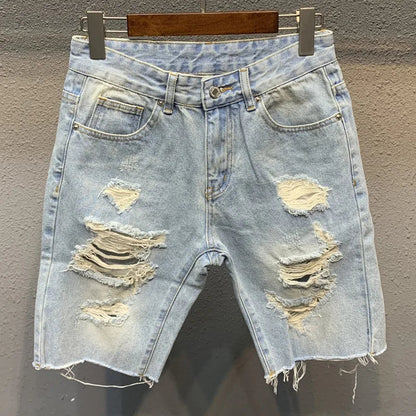 Men's Denim Shorts With Trendy Holes Rough Edges Light Blue Cropped Shorts Spring and Summer Youth