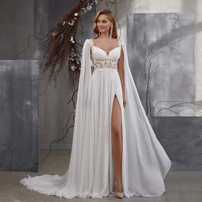 Summer Chiffon Wedding Dress with Shoulder Cape V Neck See-through Body Applique Side Split Bridal Gown for Women 2023