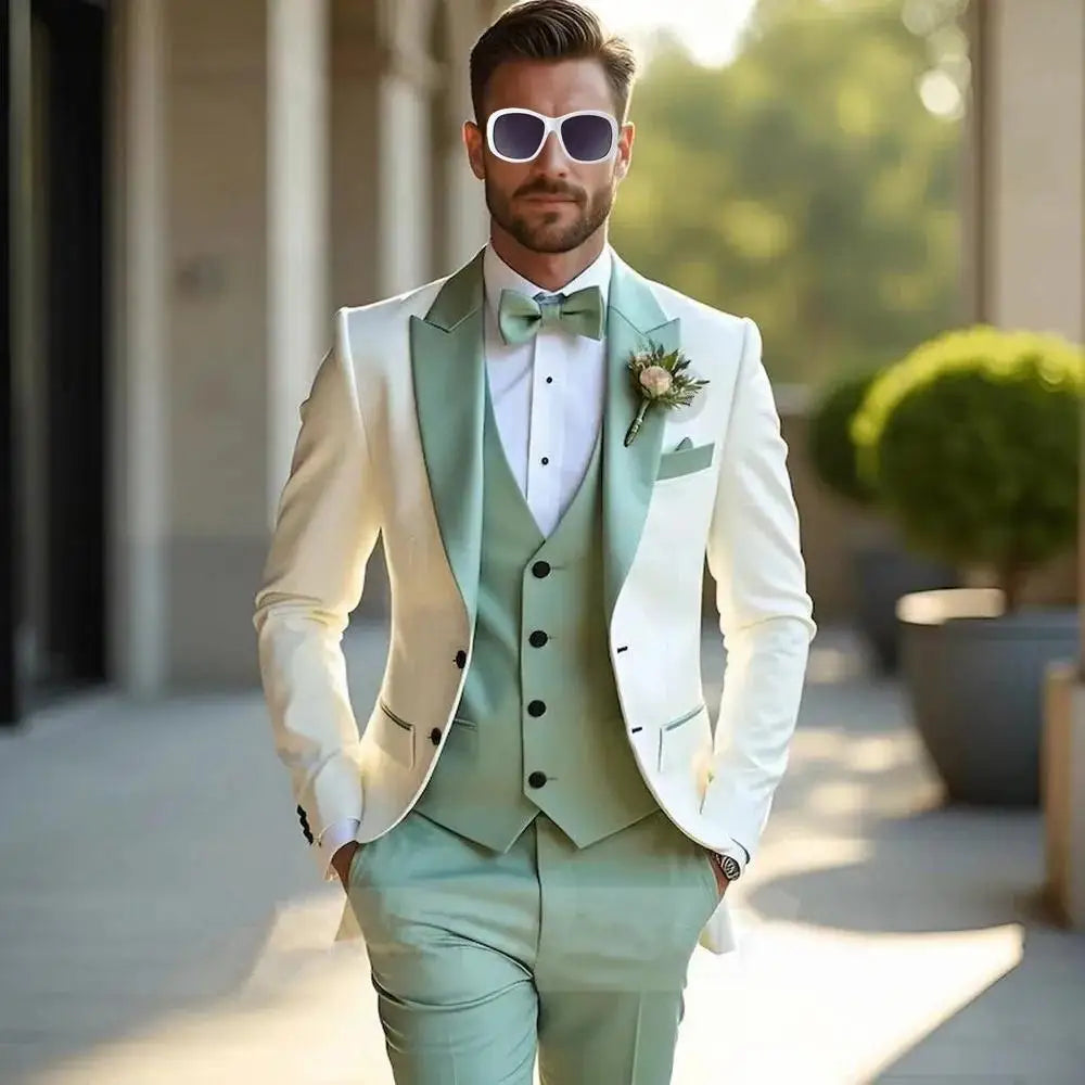 White And Mint Green Formal Men wedding Suits Groom Groomsman Wedding Party Prom Business Male Tuxedos 3 Piece Blazer Vest Pants