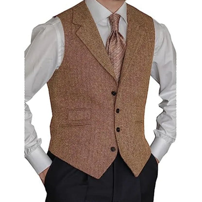 Men Vest Brown Classic Herringbone Pattern Suit Vest Notch Lapel Waistcoat Slim Formal For Wedding Groomsmen Banquet Men Suit
