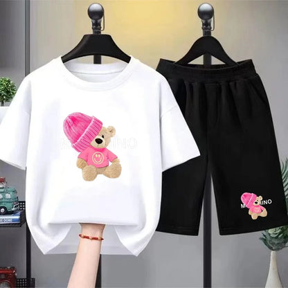 Children's Fashion Summer Clothes Set Loose Fit Cotton Tee + Elastic Waist Shorts for Boys Girls Outdoor Wear