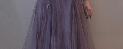 Slimming Effect Purple Mesh Ankle-Length Dress Women's plus Size Strapless Gown Korean Style High Waist A-Line Skirt