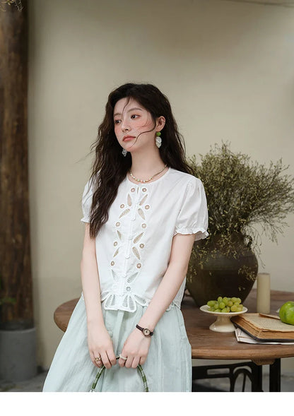 100%Cotton Hollow Embroidery Round Neck Shirt for Women 2025 Summer Puff Sleeve Casual Top Women's Clothing MXE39X1938
