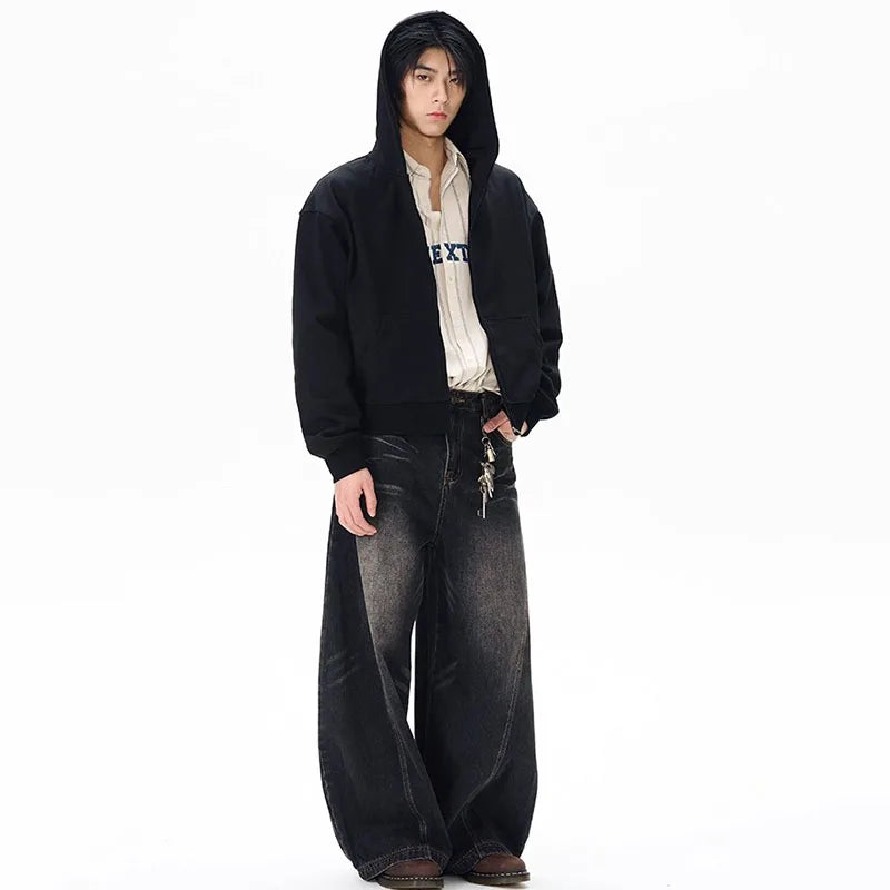Spring New Men'S Jeans Wide Leg Pants Loose Machete Jeans Vintage Lightning Cracked Denim Trousers