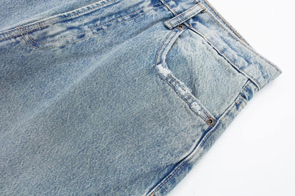2024 Women's Street Fashion Denim Blue Jeans Distressed Patchwork High Waist Zipper Fly Ripped Retro Long Pants
