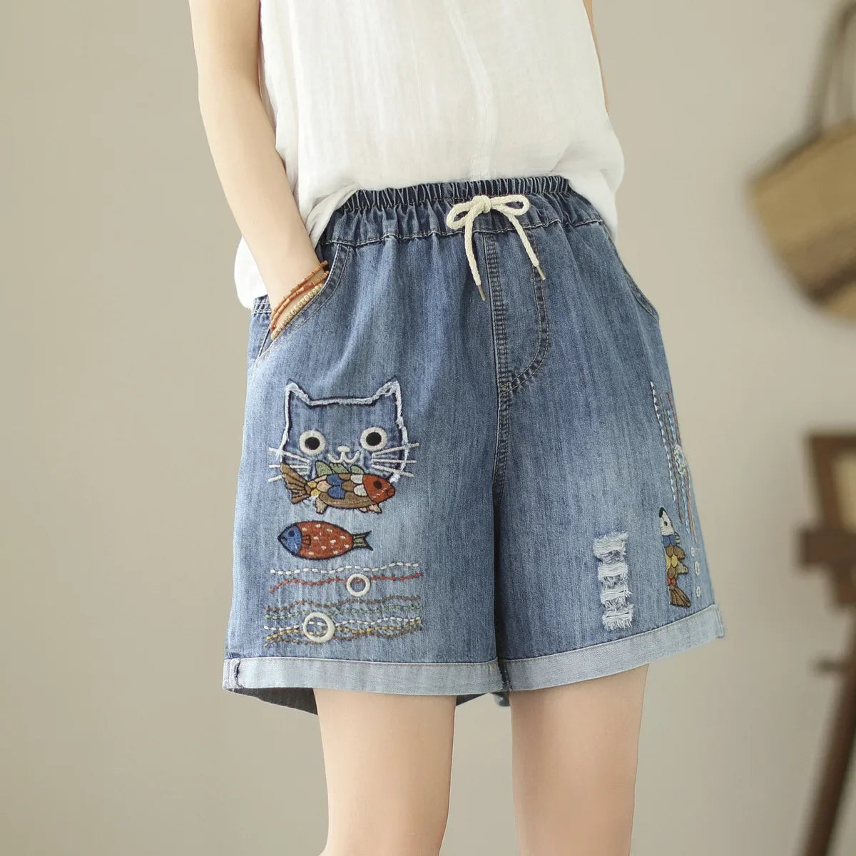Embroider Shorts Jean For Women Summer Japanese Style Ethnic Elastic Waist Blue Flowers Embroidery Denim Shorts y2k