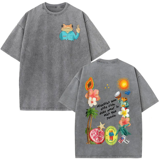 Washed Vintage Rapper Bad Bunny T-shirt Debi Tirar Mas Fotos DTMF World Tour Album T Shirts Men Women Fashion Hip Hop T-shirts