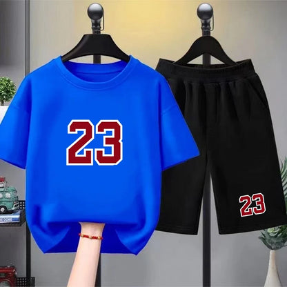 Kids T-shirt Basketball No. 23 Summer Round-Necked Print Boy Girls 3-12Years Top+Shorts Two-piece Set Simple Casual Handsome Set