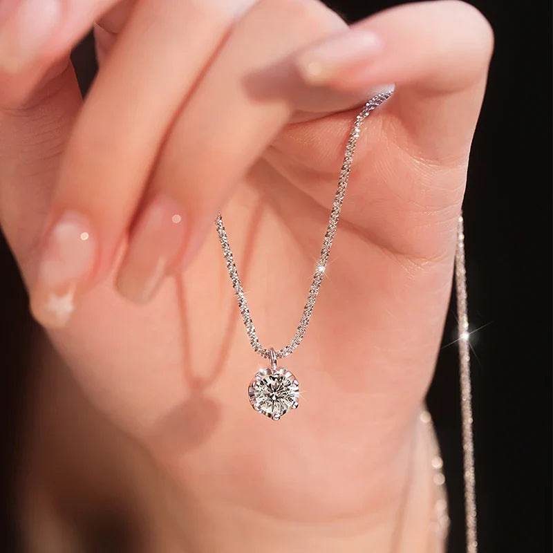Real Moissanite Diamond 6 Prong Pendant Necklace 925 Sterling Silver Sparkling Cauliflower Chain for Women Wedding Fine Jewelry
