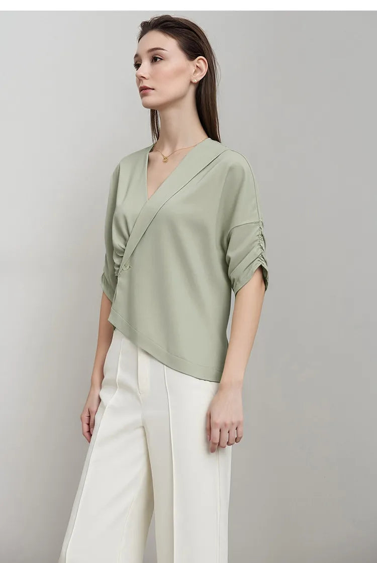 Women's Blouse 2026 Summer New V-Neck Asymmetric Pleated Mid Sleeve Shirt Relaxed Fit Office Casual Top For Women 12622117