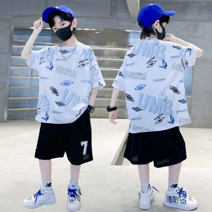 Summer Boys Alphabet Quick-dry T-Shirt Top+Shorts Pant Sportswear Set School Kids 2PCS Tracksuit Children Jersey Outfit 5-16 Yr