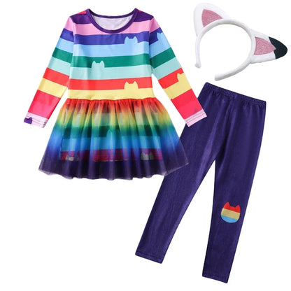 Carnival Party Children Black And White Stripe T-Shirt+Skirt+Bag Sets Kids Cartoon Cats Cosplay Costume Party Outfits 4-8Y
