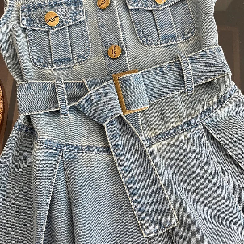 Summer New Girls Denim Dress Belt Decoration Lapel Collar Sleeveless Tutu Princess Dress For 2 -10 Years Kids Fashion Dress