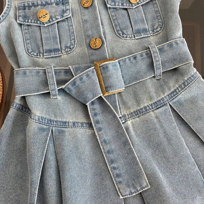 Summer New Girls Denim Dress Belt Decoration Lapel Collar Sleeveless Tutu Princess Dress For 2 -10 Years Kids Fashion Dress