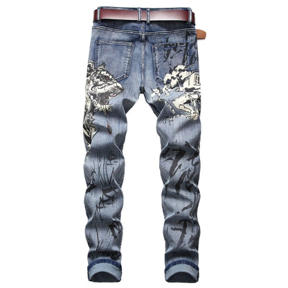 2026 Men's Blue 3D Printing Jeans, Black Wolf Pattern Printed Punk Straight Cotton Casual Print Denim Pants Asian Size 28-42