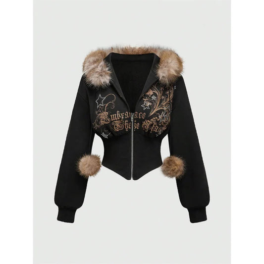 Winter Warm Gothic Print Hoodie Women's Clothin Faux Fur Crop Top Zip-Up Sweatshirt Fashion Y2K Streetwear Hooded Jacket 2026New