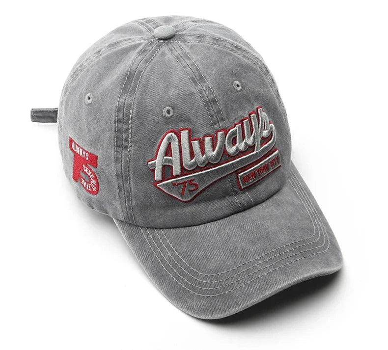 2025 Spring/Summer Unisex Cotton Baseball Cap Vintage Washed with Alphabet  ALWAYS Embroidery - Hip-Hop Inspired Snapback Design