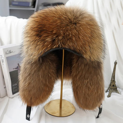Winter Cap Man 100% Real Sliver Fox Fur Bomber Hat Men's Raccoon Fur Hat Ushanka Cap Trapper Russian Ski Caps Hats Real Fur Hat