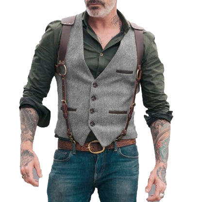 Men's Suit Vest Herringbone Tweed V Neck Business Formal Dress Waistcoat for Wedding Suit or Tuxedo