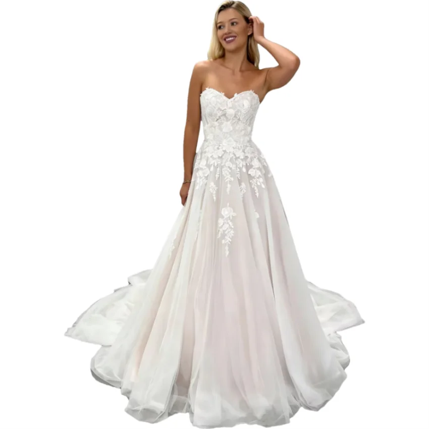 Customized Boho Sweetheart A-line Tulle Wedding Dresses Sleeveless Lace Appliques Bride Dress Long Bridal Gown vestidos de novia