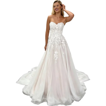 Customized Boho Sweetheart A-line Tulle Wedding Dresses Sleeveless Lace Appliques Bride Dress Long Bridal Gown vestidos de novia