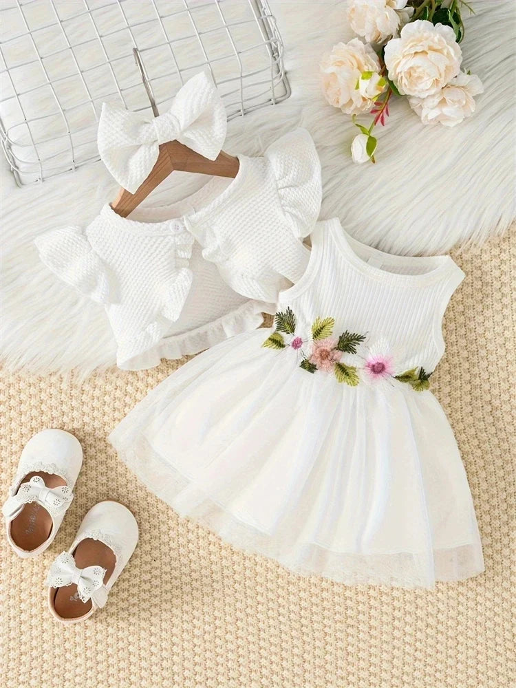 Newborn 2024 Baby Girls Dress Summer Waist Flower Vest Sleeveless Short Top Sweet Girl Lace Mesh Dress