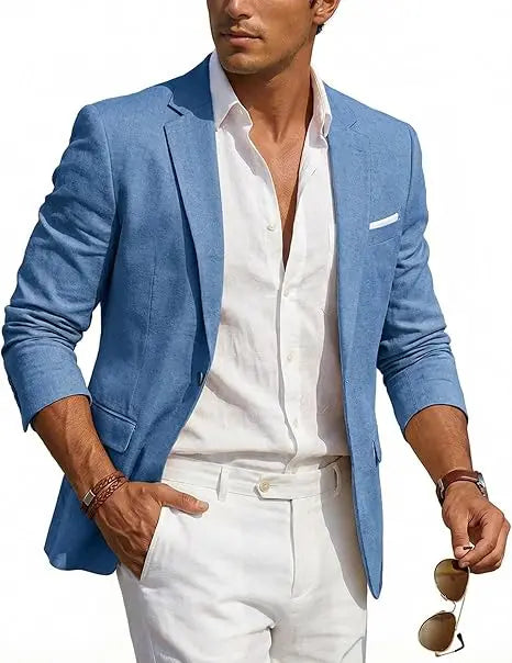 Men's Casual Linen Blazer Slim Fit Formal Business Lightweight One Button Suit Jacket for Spring/Summer Beach Wedding Sport Coat