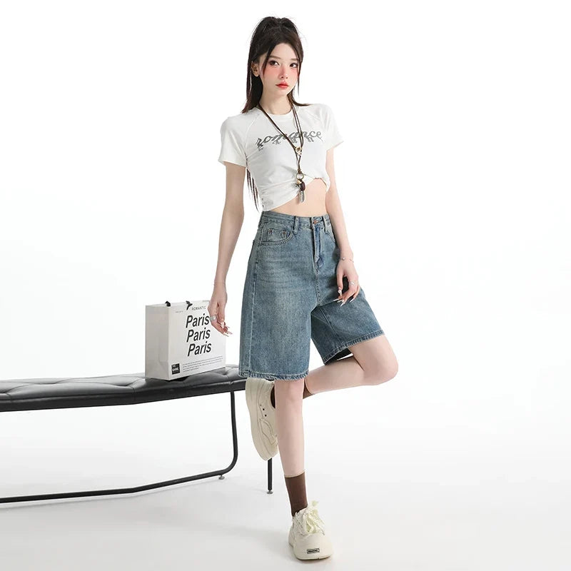 Women's High Waist Wide Leg  Y2K American Retro Washed Five-Point Denim Shorts Summer Loose Slim Straight Cut Mid-Length Pants