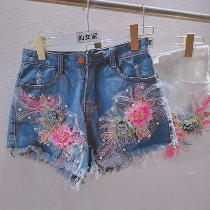 Korean Fashion Women Summer Denim Shorts Heavy Industry Nail Bead Studded Diamond New Flower Ripped Jeans Shorts