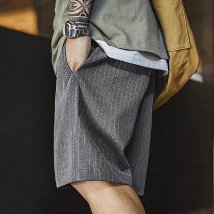 Men's Vintage Vertical Striped Suit Shorts Men's Summer Elastic Waist Straight Leg Office Shorts Business Casual Pants