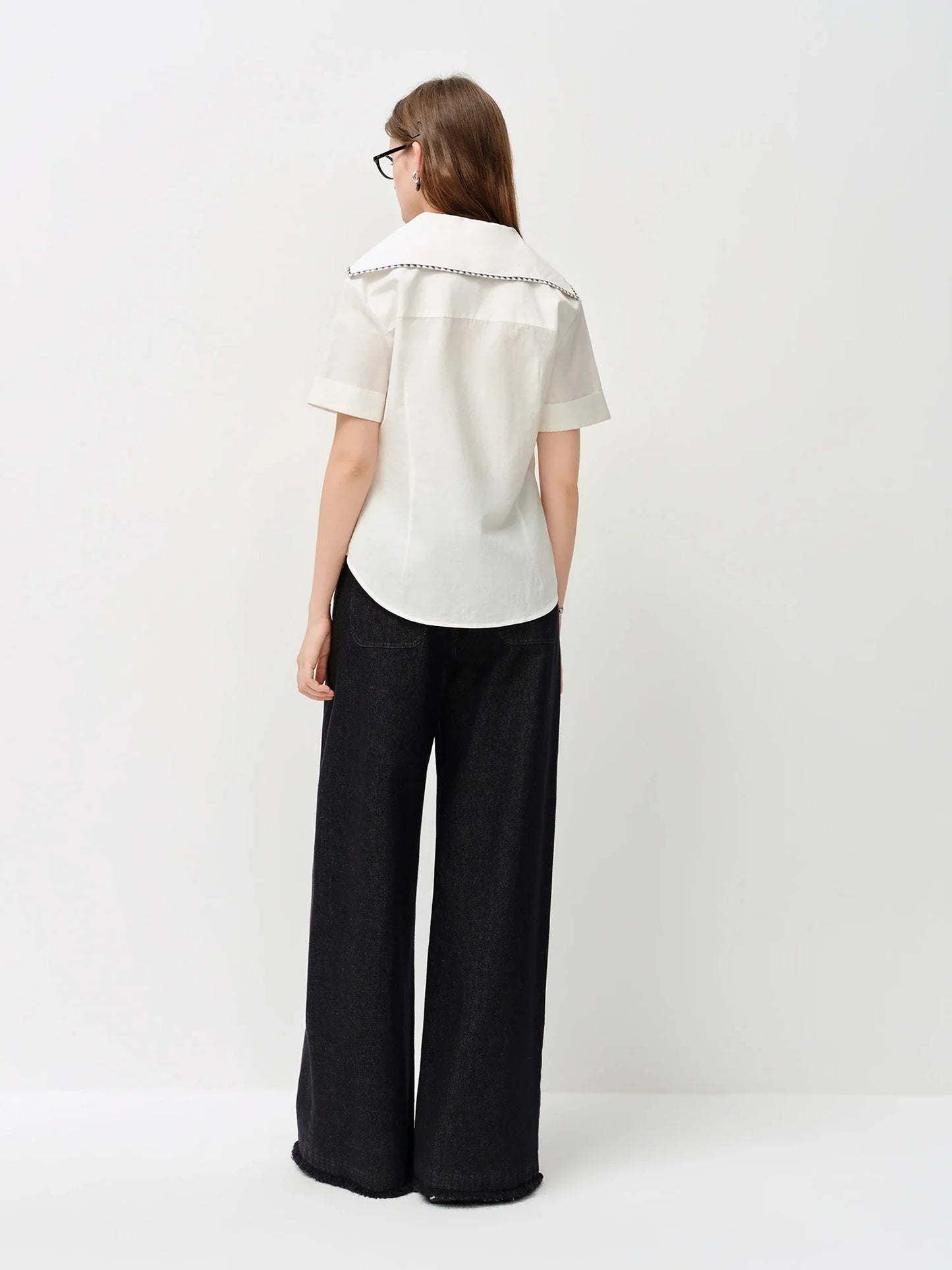 2026 Summer Women's Sailor Collar Shell Embroidered Short Sleeve Shirt Preppy Button Down Blouse for Rebellious Prep Style