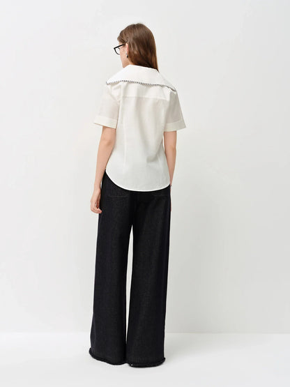 2026 Summer Women's Sailor Collar Shell Embroidered Short Sleeve Shirt Preppy Button Down Blouse for Rebellious Prep Style