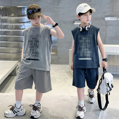 New Kids Designer Streetwear Summer Top Bottom Suit Sleeveless T-shirt And Shorts 2 Pcs Clothes Set Children Boys Casual Outfit