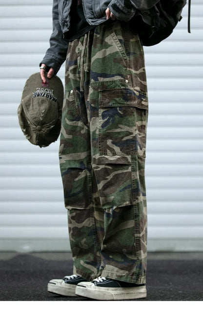 American Tactical Cargo Pants Men Heavyweight Cotton Loose Fit Straight Leg Camouflage Vintage Washed Outdoor Streetwear Premium