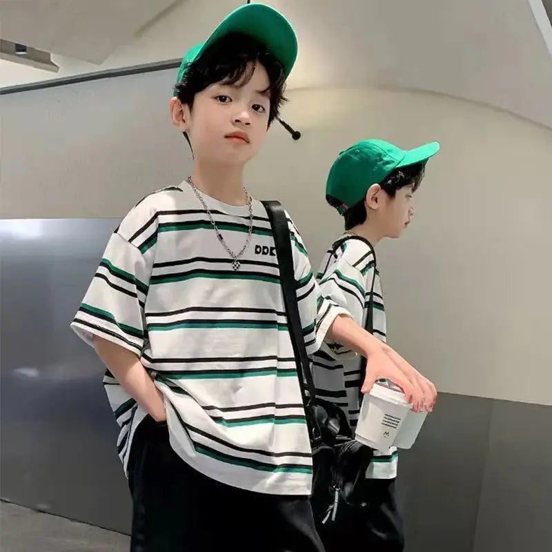 Striped Short-sleeved Shirt Boy Outfit 2025 Children's Clothing Toddler Cartoon Fashion Boys Set Kids Sweatshirt Summer Suit Top