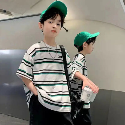 Striped Short-sleeved Shirt Boy Outfit 2025 Children's Clothing Toddler Cartoon Fashion Boys Set Kids Sweatshirt Summer Suit Top