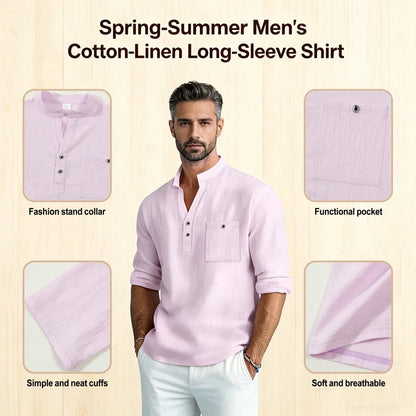 Men Mandarin Collar Long Sleeve Henley Cotton Linen Shirt Chest Pocket Breathable Beach Travel Daily Casual V Neck Top