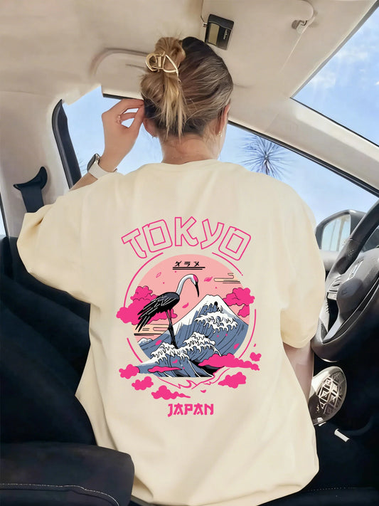 Tokyo Japan Crane Waves Prints Women T-Shirt Trendy Crewneck Tee Shirts Hip Hop Summer Clothes Y2K Woman Soft Short Sleeve