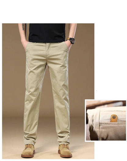 97% Cotton Cargo Style Casual Pants Men's Splicing Straight Fashion Elastic Business Trousers Spring Autumn Male Clothes Pants