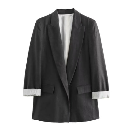 Women Fashion Solid Blazer Notched Collar Long Roll up Sleeves Female Chic Office Lady Business Outfits