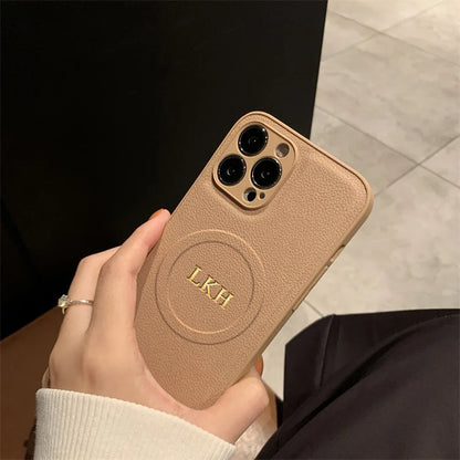 جراب مخصص لهاتف iPhone17 Pro Max 16 15 14 13 12، أحرف أولى مخصصة، شحن لاسلكي MagSafe، غطاء جلدي