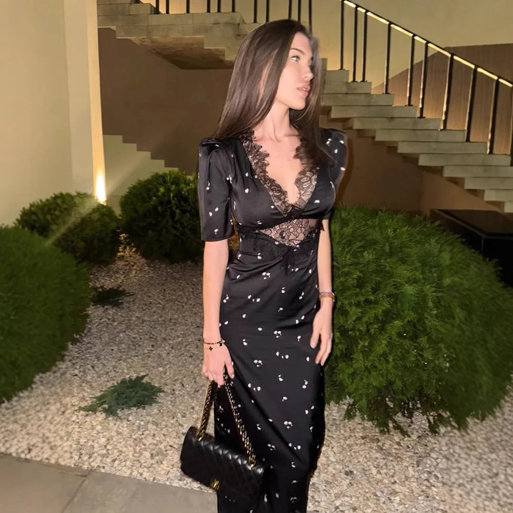 Lace Patchwork Printed Maxi Dresses For Women Fashion Sexy Streetwear Short Sleeves Slim Hollow Out Long Vestidos Robes Female