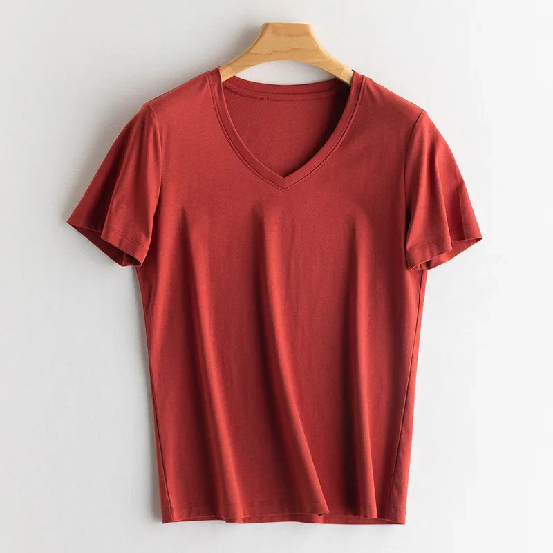 6% Real Silk Cotton Modal Women's T-shirt 2026 Summer Tees Short Sleeve Solid Tee Shirts V-neck Casual Woman Basic T shirt Tops