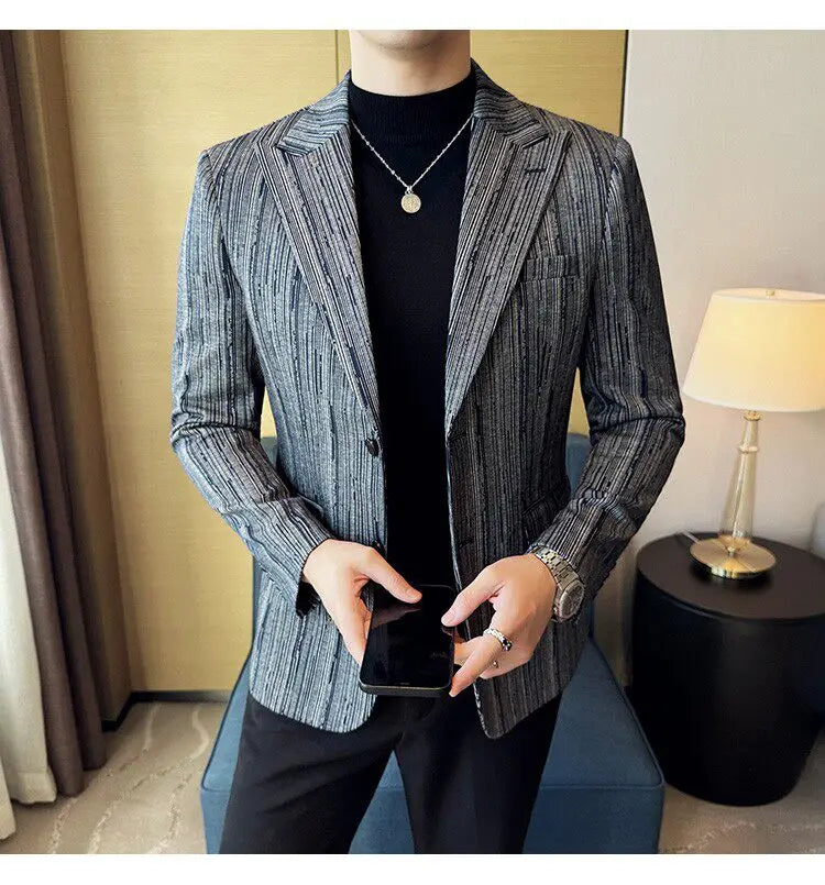 Fashion Meteor Line Checkered Elegant Suit Jacket Men Fashion De Luxe Business Slim Fit Single Breasted Social Party Dress Coats