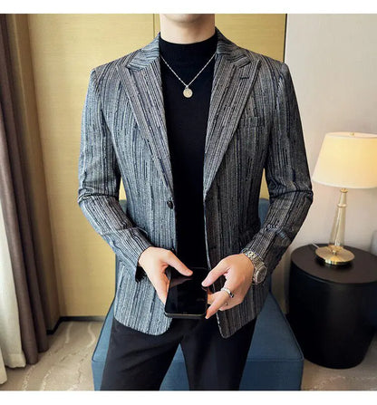 Fashion Meteor Line Checkered Elegant Suit Jacket Men Fashion De Luxe Business Slim Fit Single Breasted Social Party Dress Coats