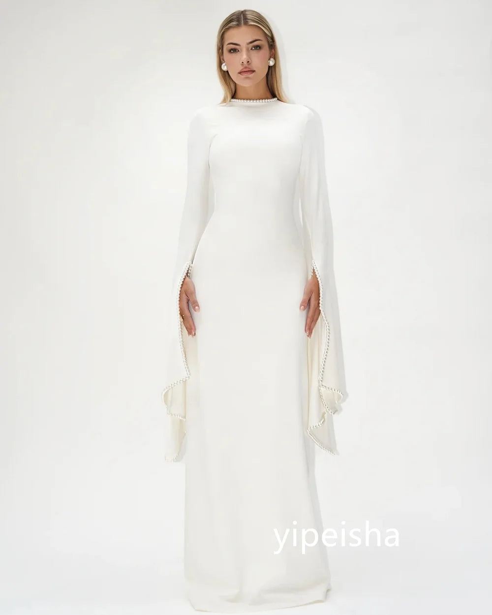 Customized Chinese Style Jersey Pearl A-line Scoop Neck Long Dresses Prom Dresses Classic Exquisite Modern Style Pastrol Unisex