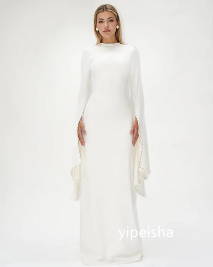 Customized Chinese Style Jersey Pearl A-line Scoop Neck Long Dresses Prom Dresses Classic Exquisite Modern Style Pastrol Unisex
