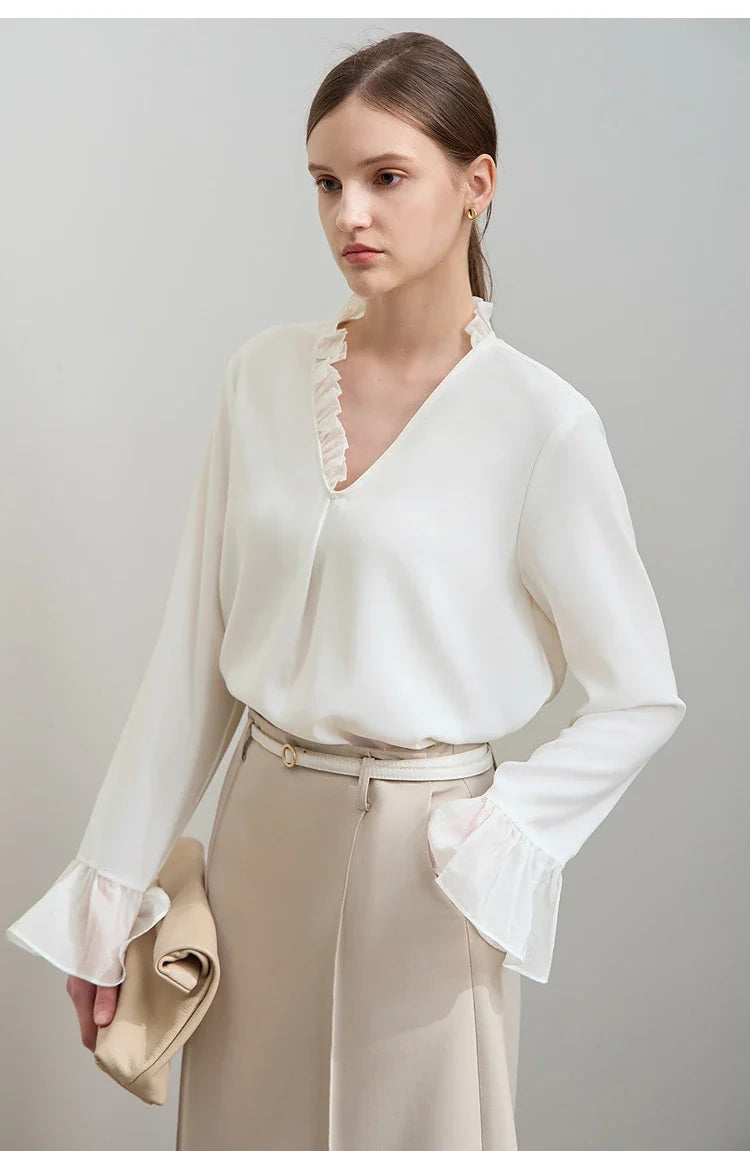 Minimalist Chiffon Shirt For Women 2025 Autumn New Office Lady V-neck Ruffle Splicing Loose Long Sleeved Blouse 12511078