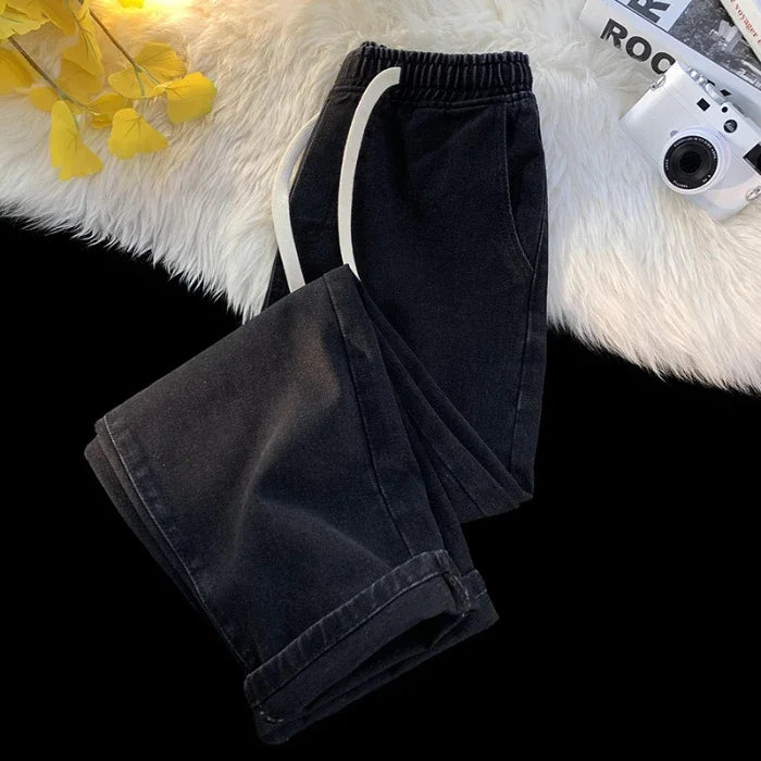 Casual Jeans Men's Baggy Straight Elastic Waist Drawstring Korea Fashion Male Vintage Denim Trousers Streetwear 3XL