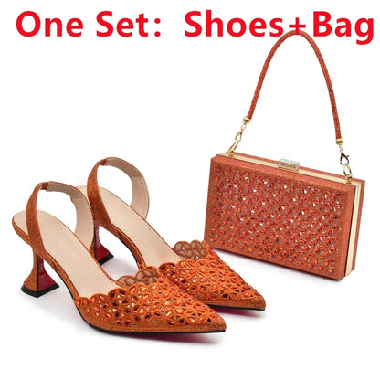 Latest Orange Designer Shoe and Bag Sets From Italy Shoe Woman Summer 2025 Wedding Fashion Party Shoes and Bag Match for Women